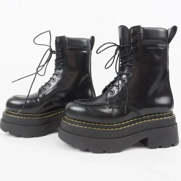 Alexander Wang Atlas Leather Lace-Up Platform Combat Rugged Boots in Black - Picture 5 of 16